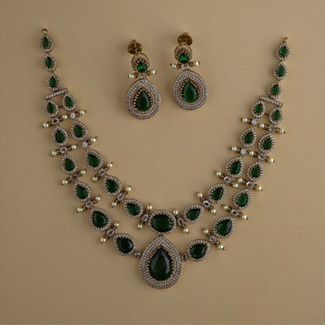 Royal Emerald Victorian AD Layered Necklace Set