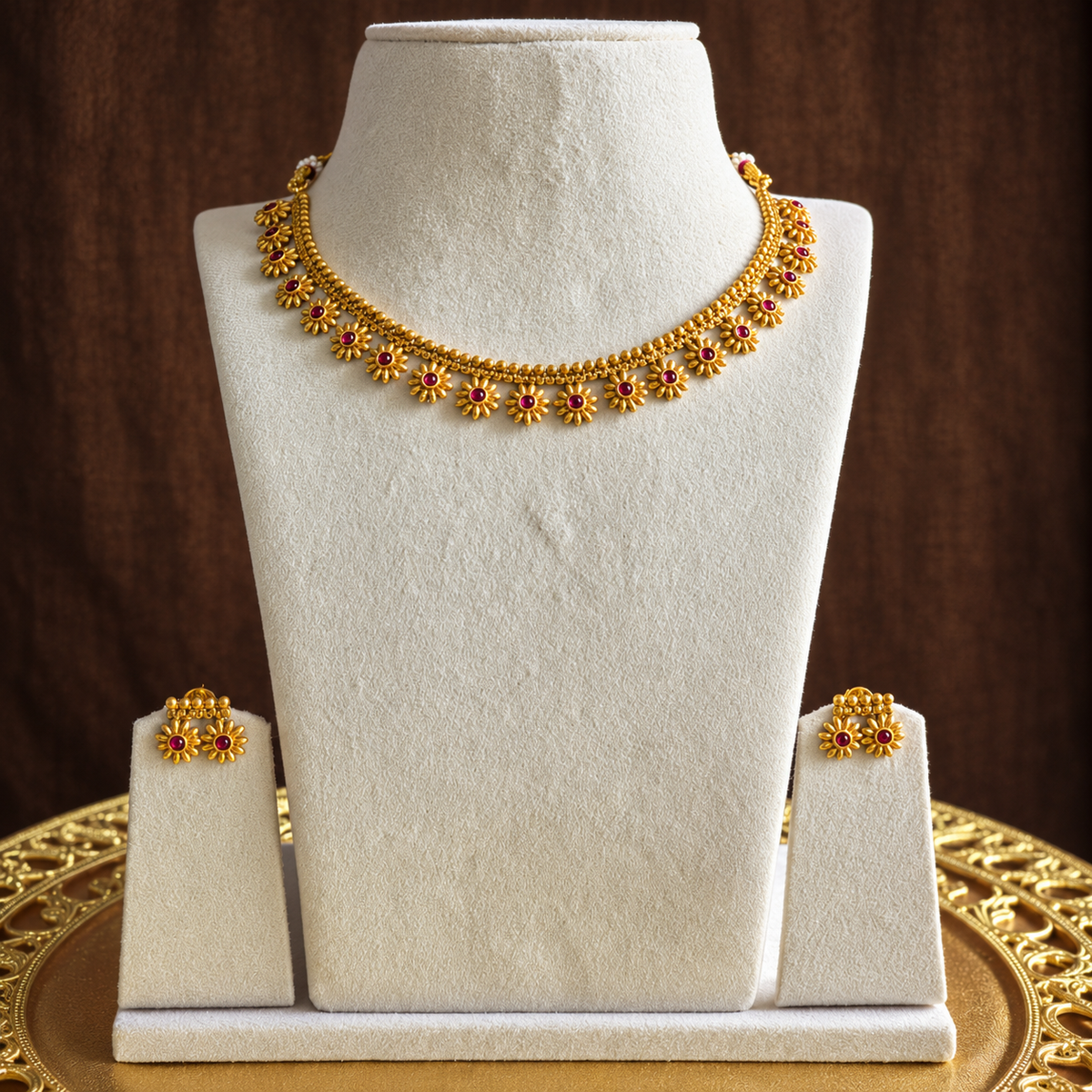 Floral Ruby Stone Necklace Set