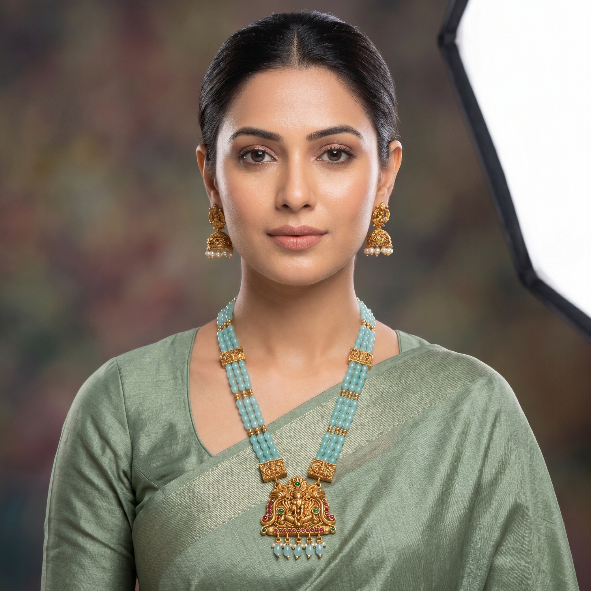 Lakshmi Aqua Jade Haaram Jhumka Set