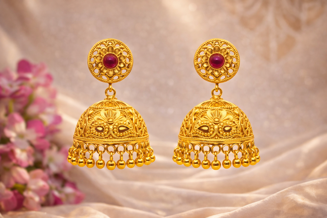 Floral Filigree Ruby Jhumka