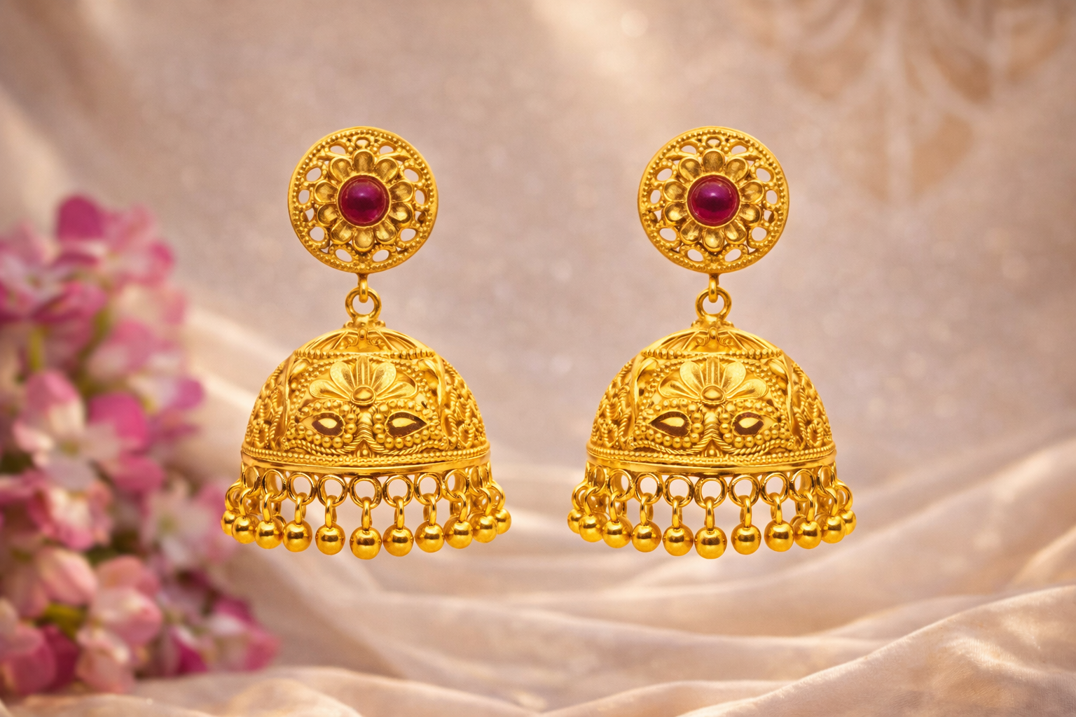 Floral Filigree Ruby Jhumka