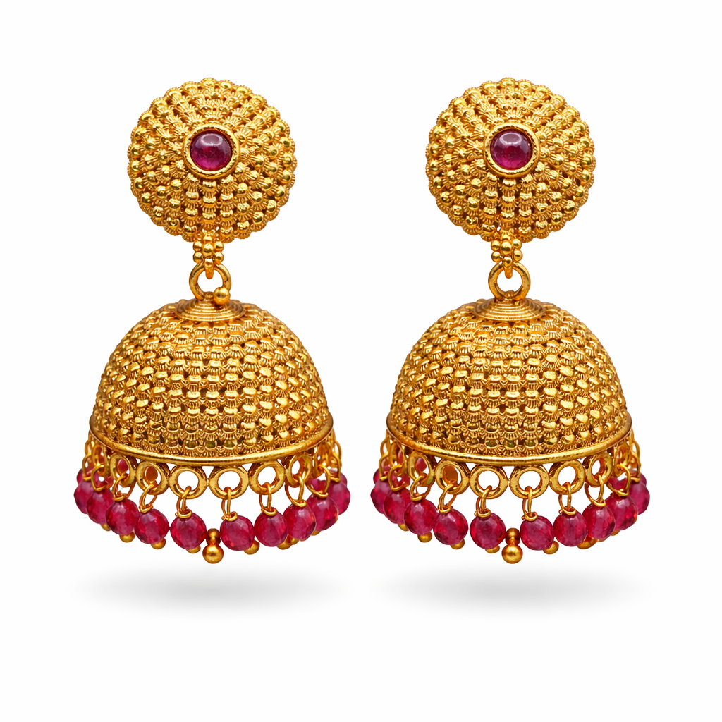 Antique Ruby Bead Jhumka Earrings ( Medium )