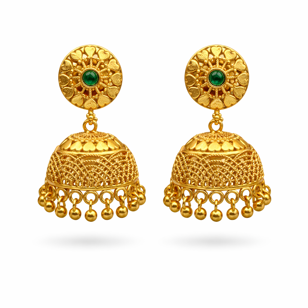 Emerald Heart Jhumka Earrings ( Medium )