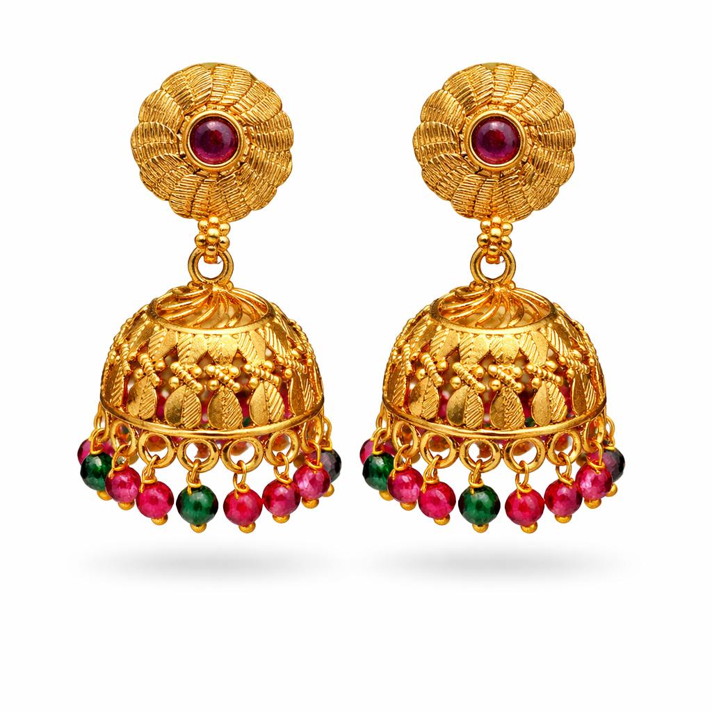 Ruby Emerald Bead Jhumka Earrings ( Small )