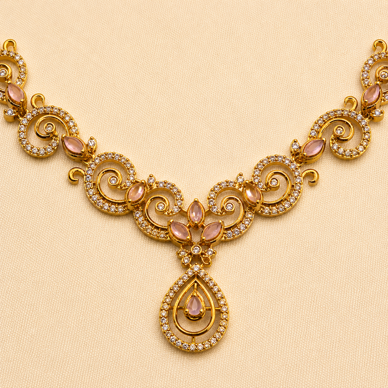 Pink Pearl CZ Designer Necklace Set