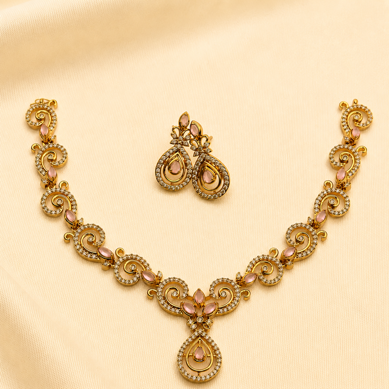 Pink Pearl CZ Designer Necklace Set