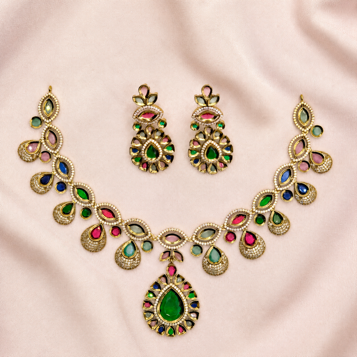 Multicolour Emerald Necklace Set