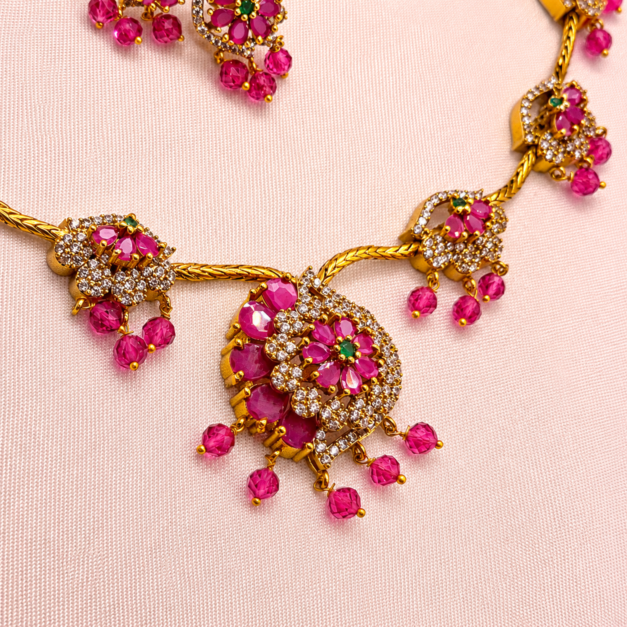 Ruby Pink Floral Necklace Set