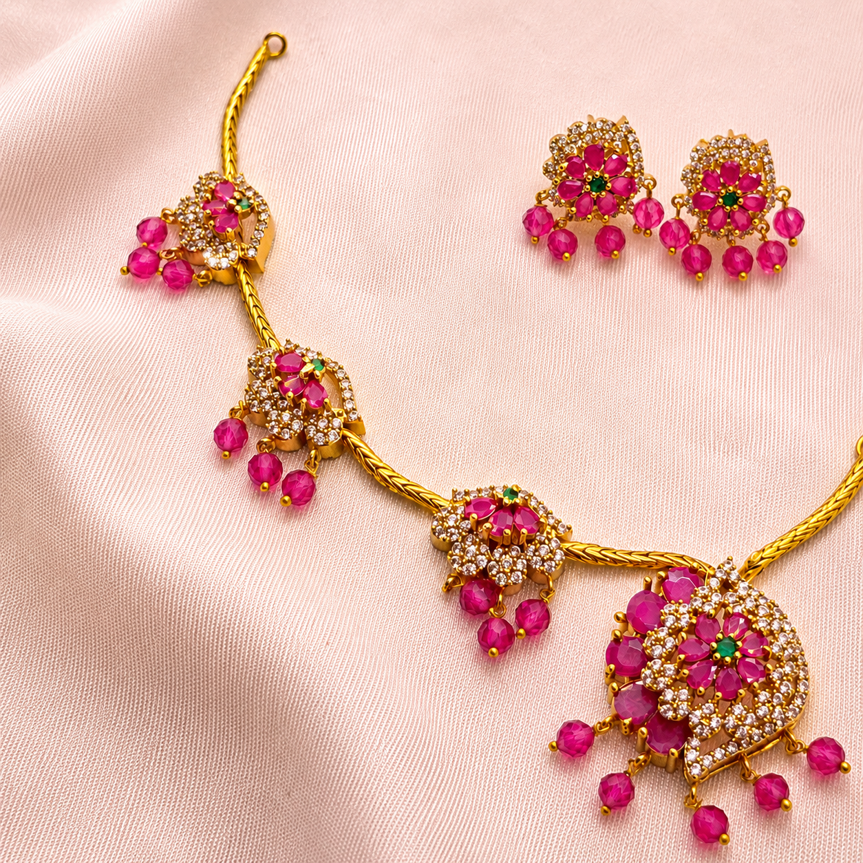 Ruby Pink Floral Necklace Set