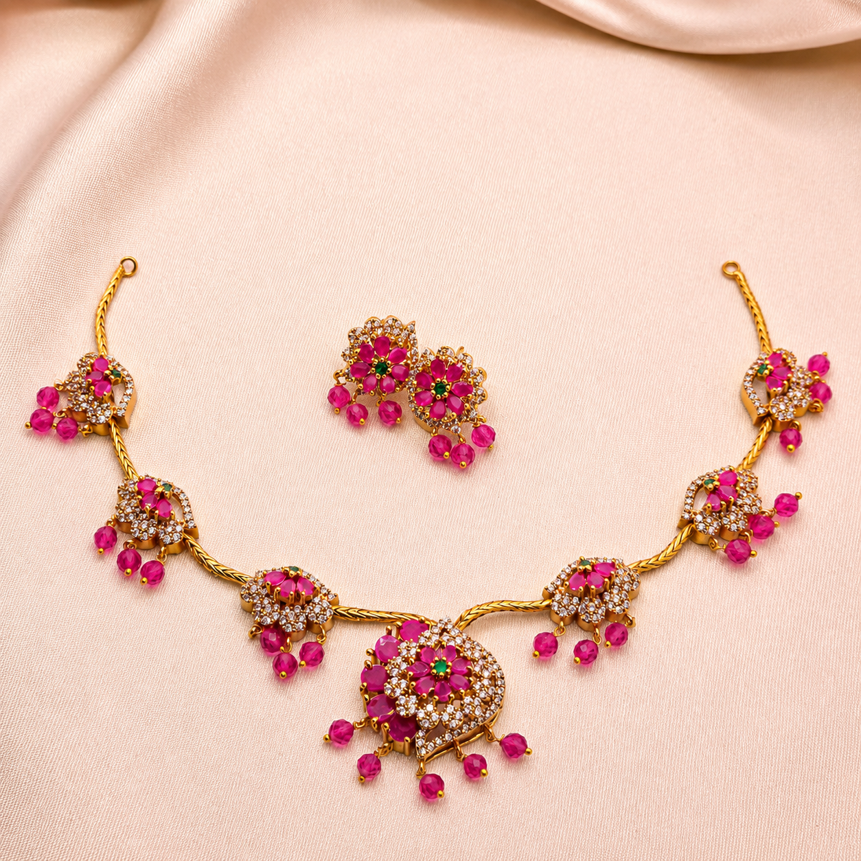 Ruby Pink Floral Necklace Set