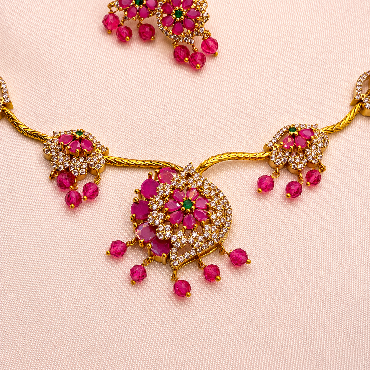 Ruby Pink Floral Necklace Set