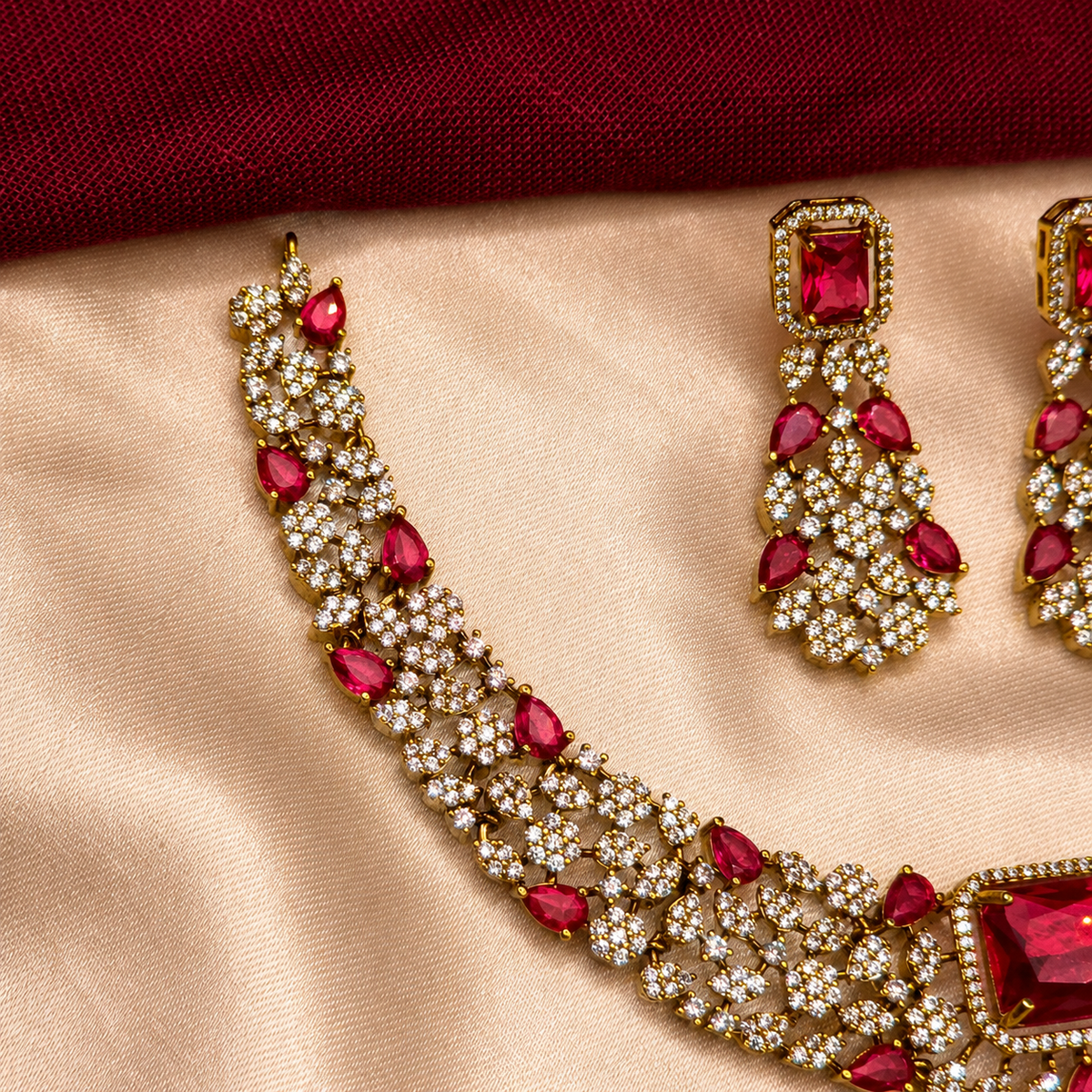 Ruby Red Floral CZ Choker Necklace Set