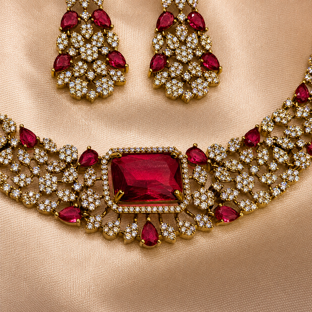 Ruby Red Floral CZ Choker Necklace Set