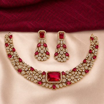Ruby Red Floral CZ Choker Necklace Set
