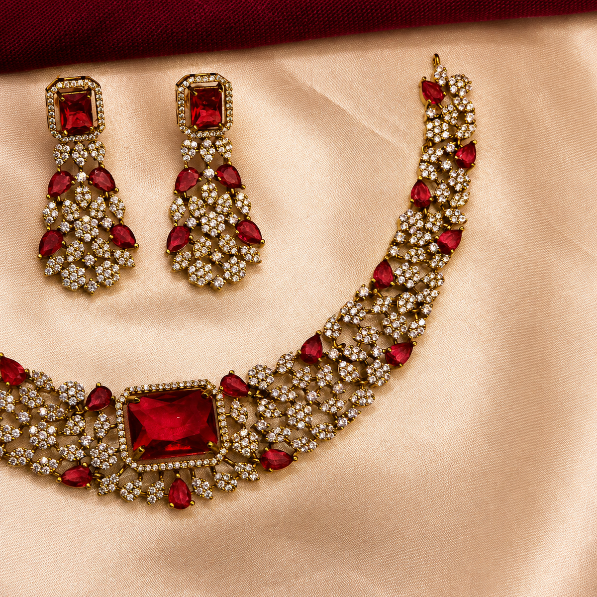 Ruby Red Floral CZ Choker Necklace Set