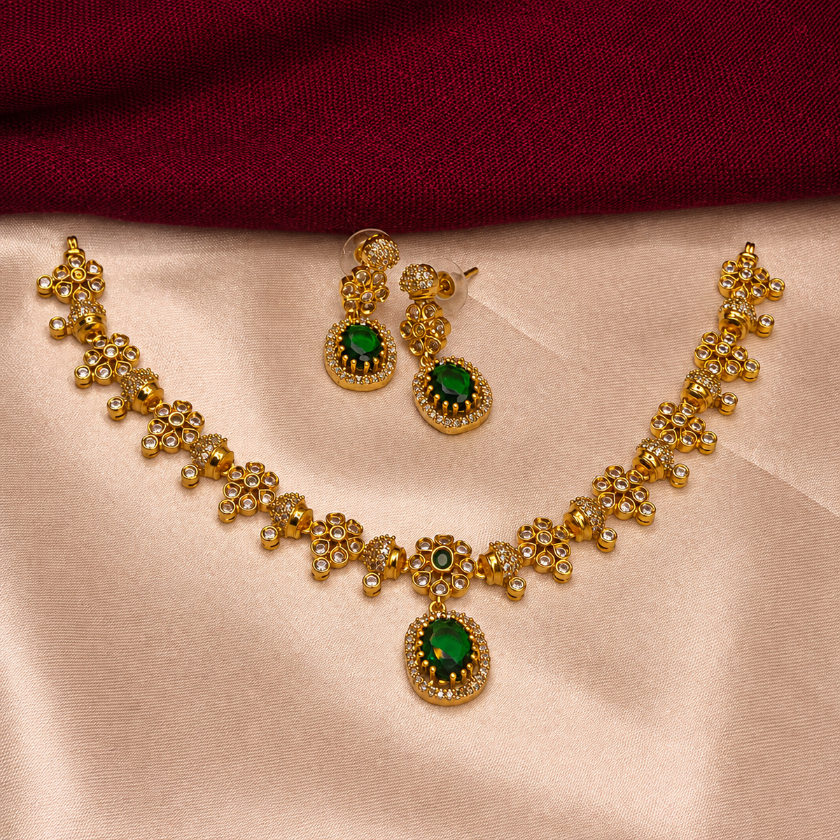 Emerald Green Floral Ball chain CZ Necklace Set
