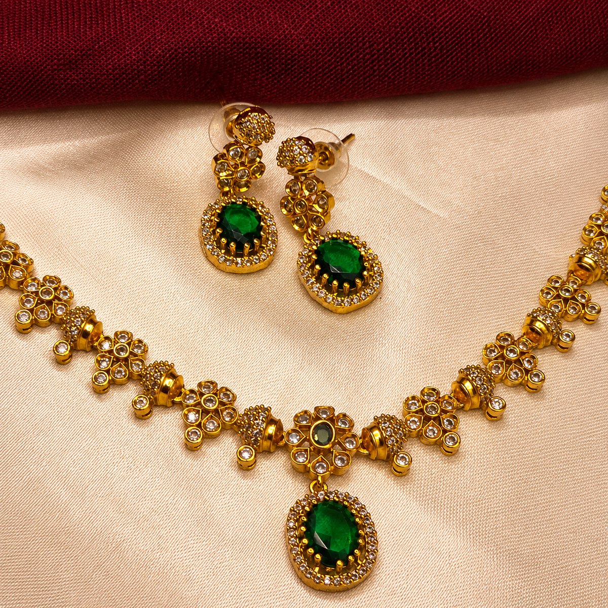 Emerald Green Floral Ball chain CZ Necklace Set