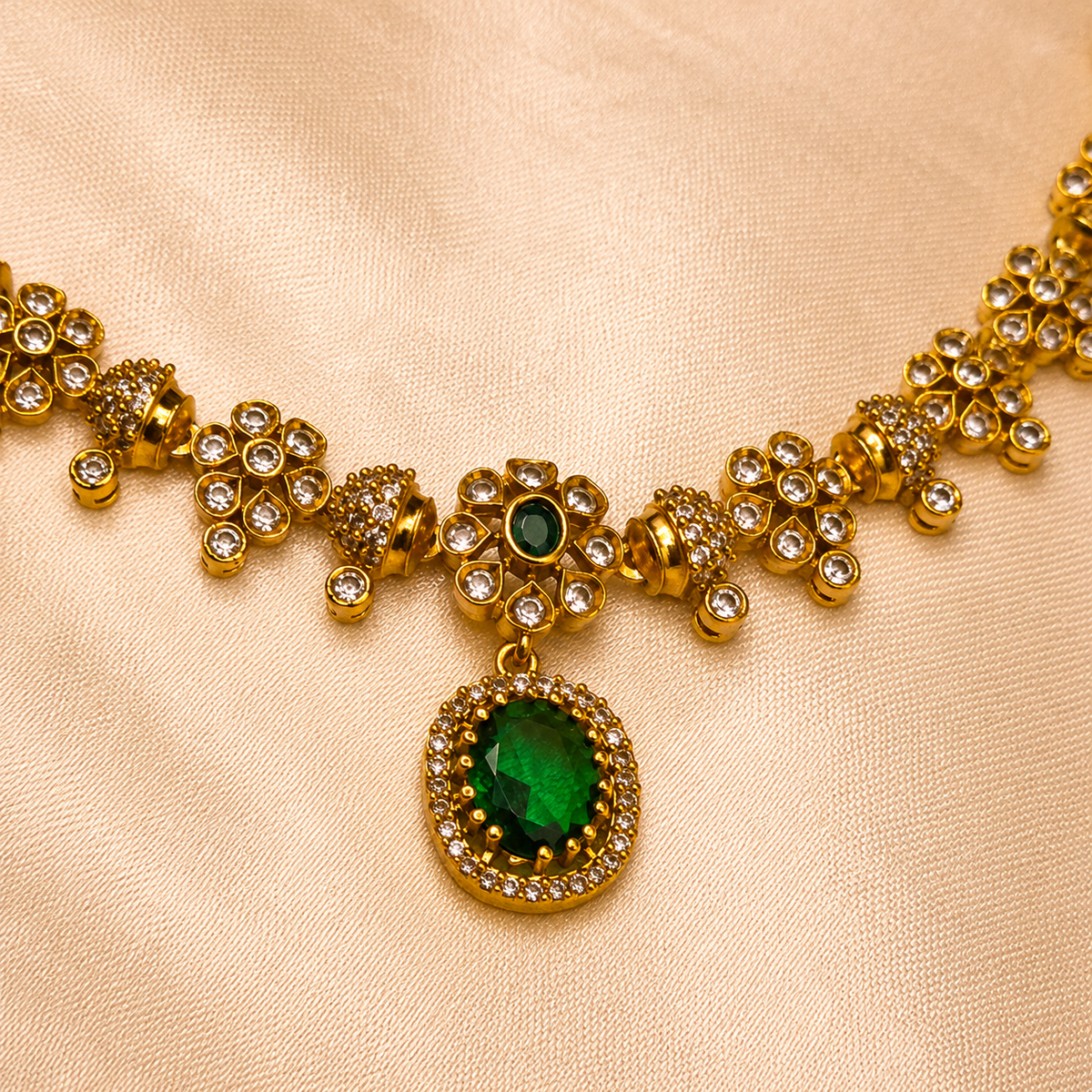 Emerald Green Floral Ball chain CZ Necklace Set