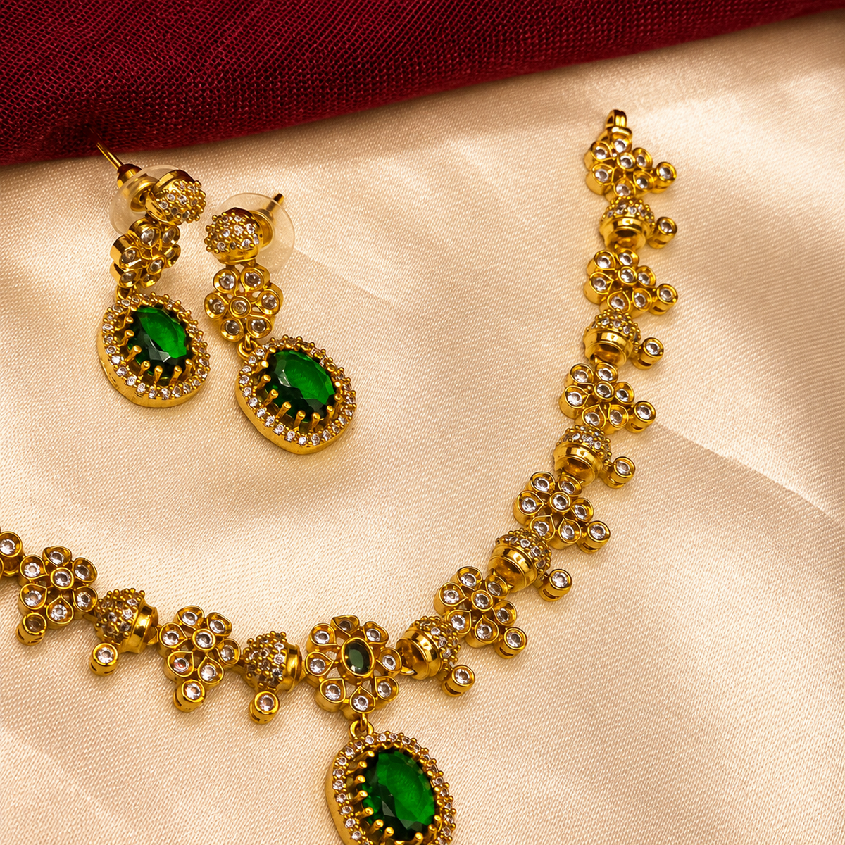Emerald Green Floral Ball chain CZ Necklace Set