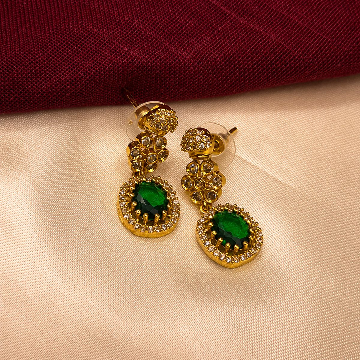 Emerald Green Floral Ball chain CZ Necklace Set