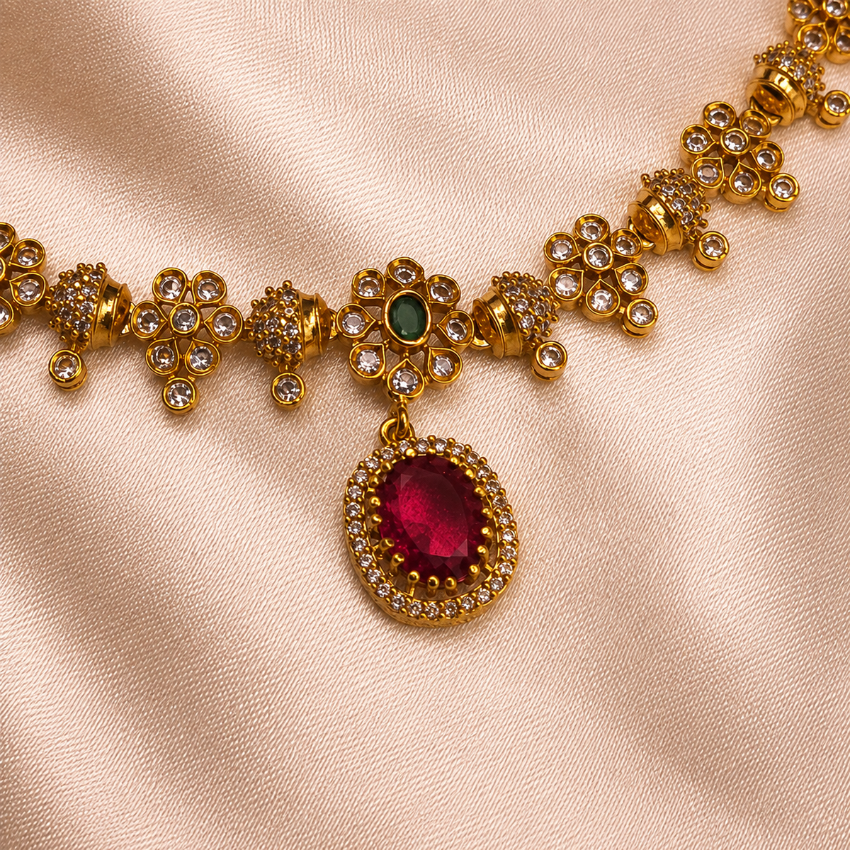 Ruby Red Floral Ball Chain CZ Necklace Set