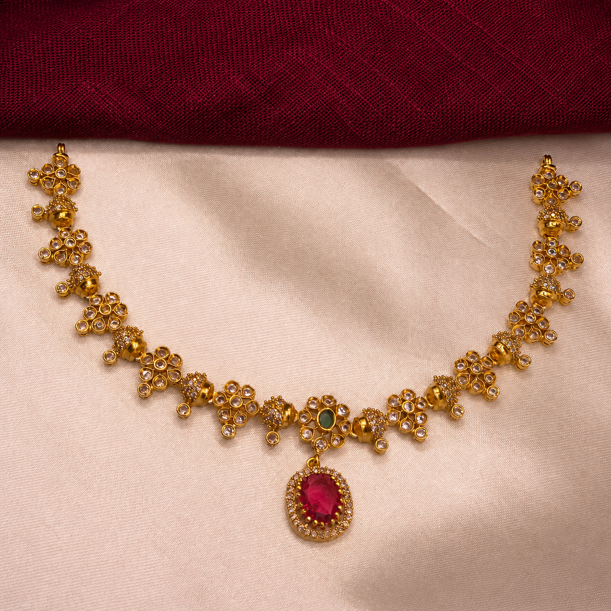 Ruby Red Floral Ball Chain CZ Necklace Set