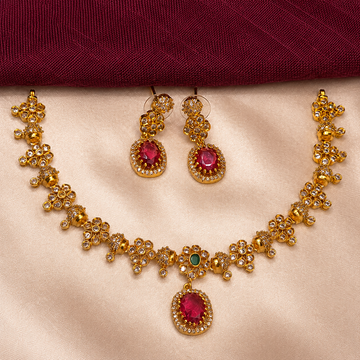 Ruby Red Floral Ball Chain CZ Necklace Set