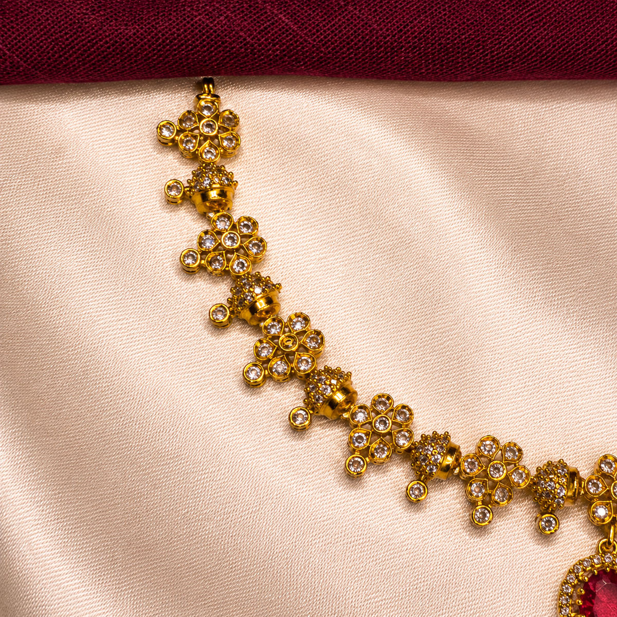 Ruby Red Floral Ball Chain CZ Necklace Set