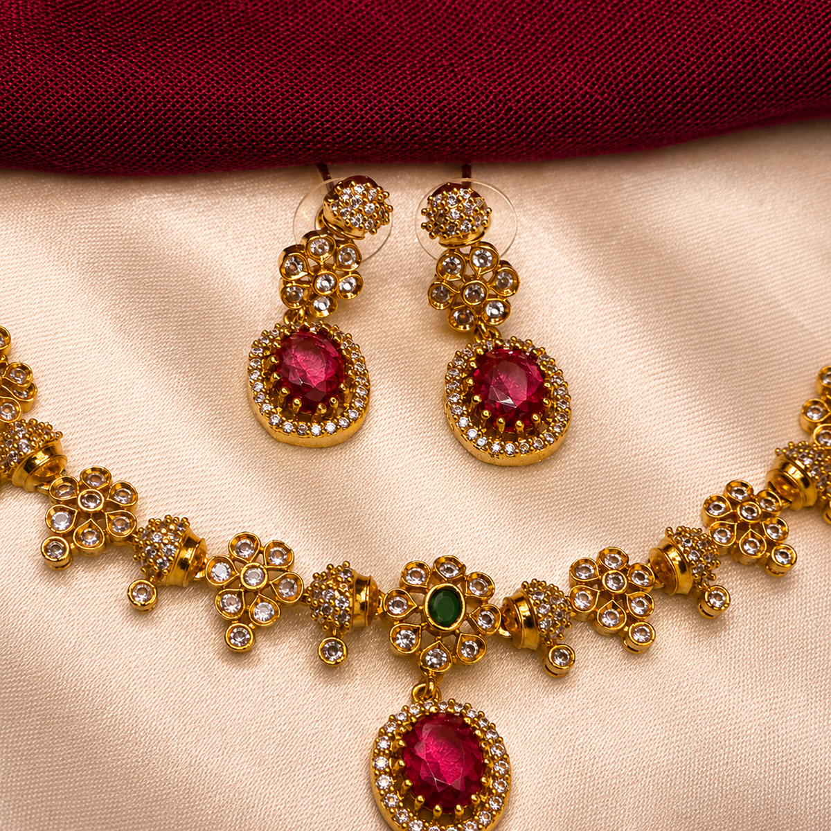 Ruby Red Floral Ball Chain CZ Necklace Set