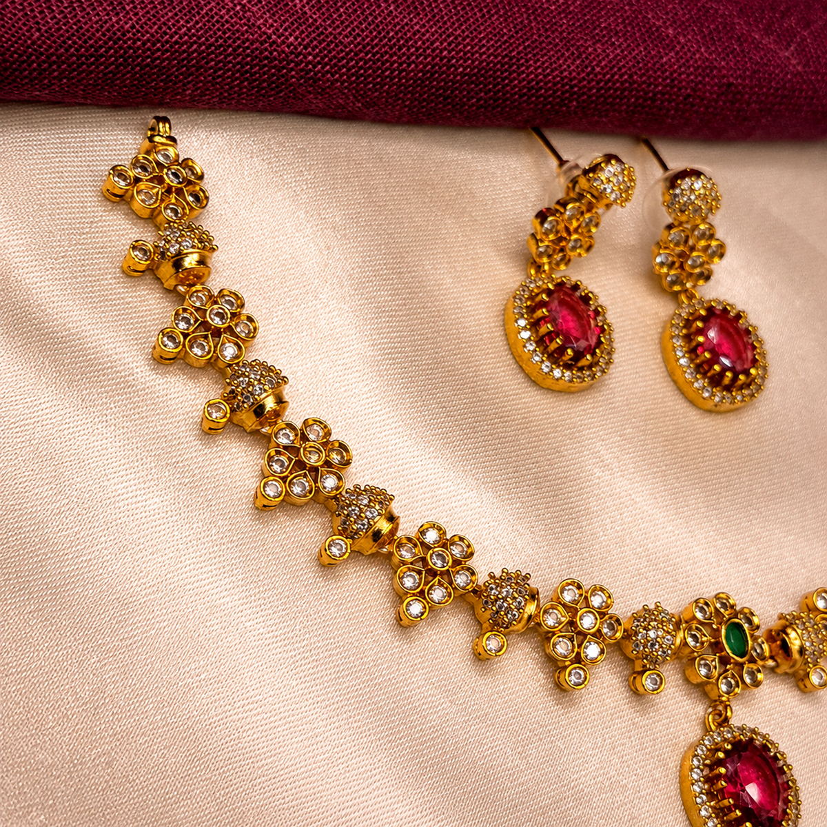 Ruby Red Floral Ball Chain CZ Necklace Set