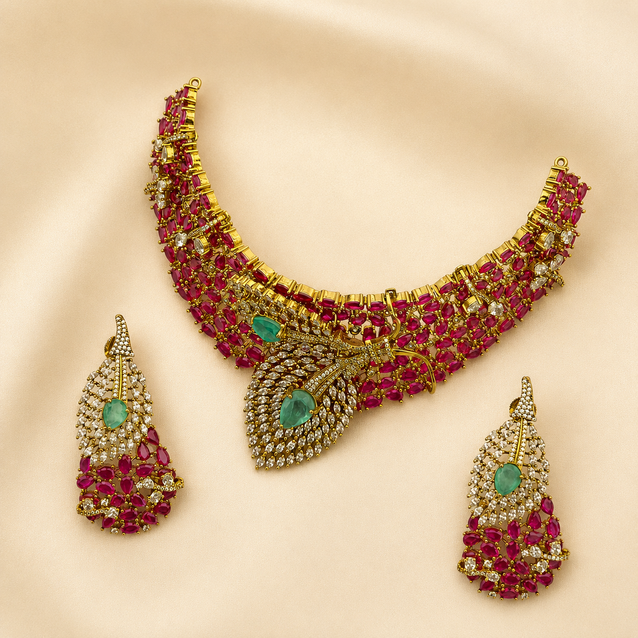 Peacock Ruby Emerald CZ Choker Set