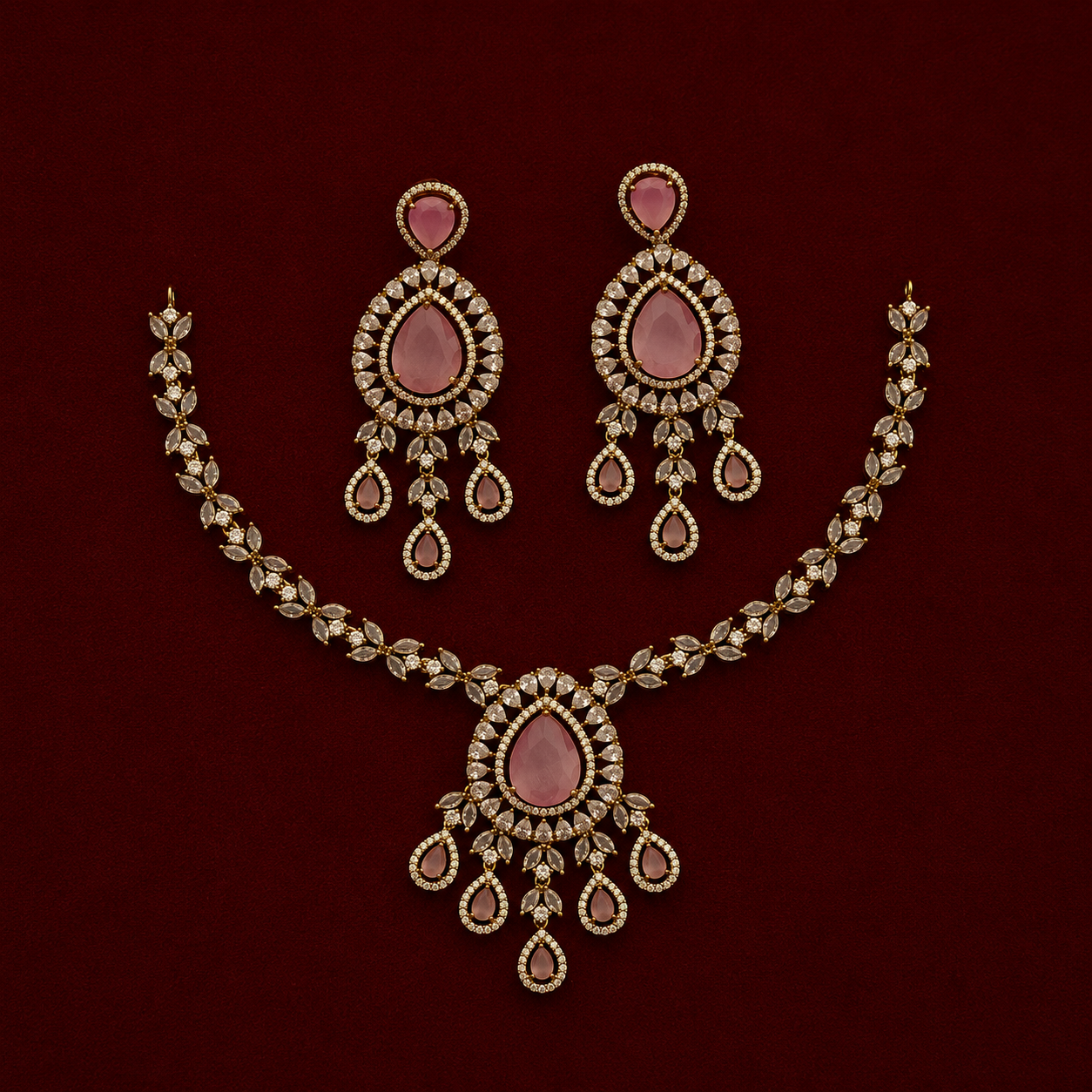 Rose Pink CZ Pendant Necklace Set