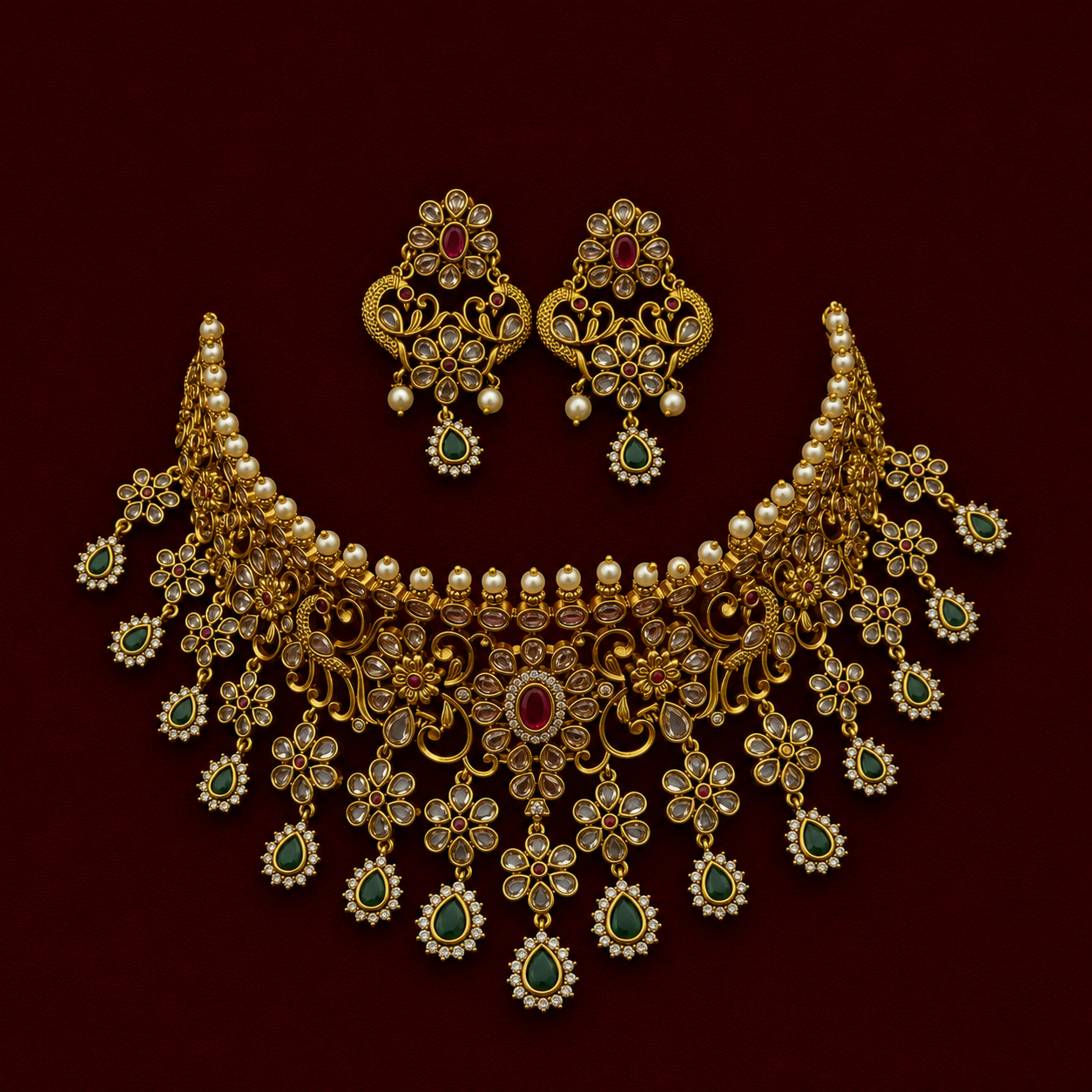 Antique Floral Kundan Bridal Choker Set