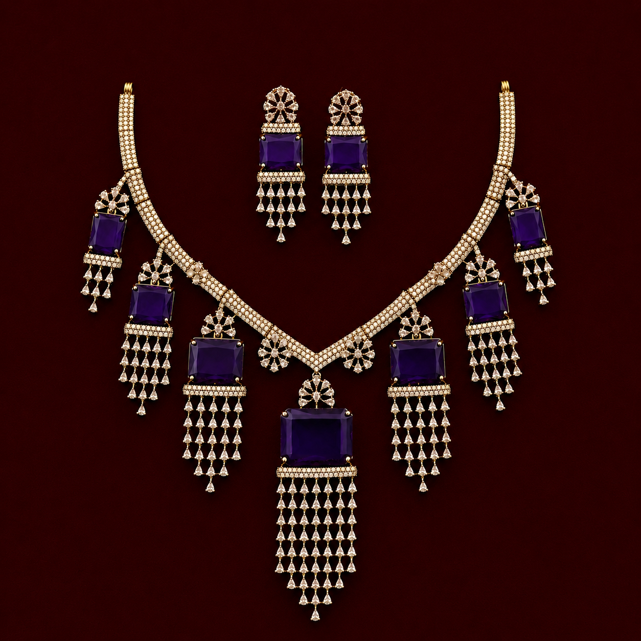 Purple Stone CZ Drop Necklace Set