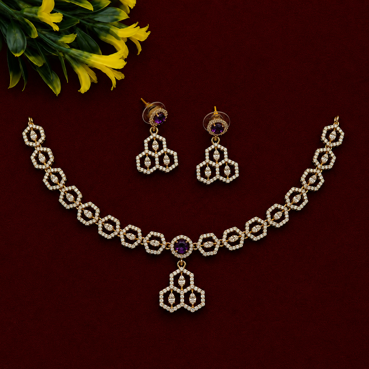 Purple CZ Pendant Necklace Set