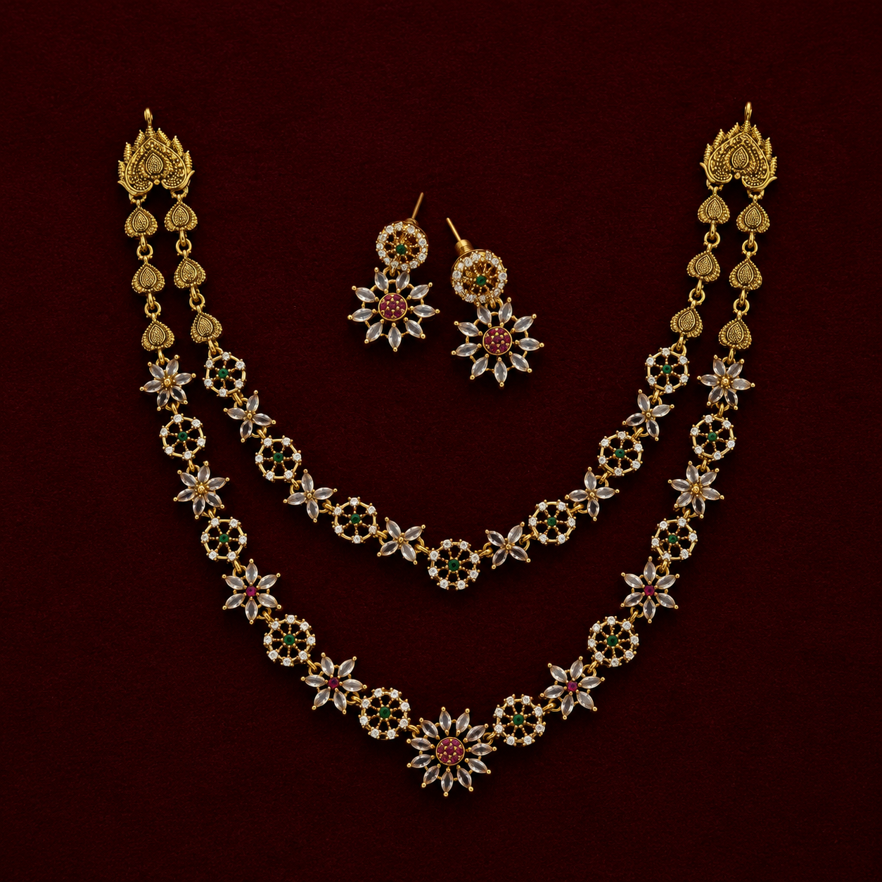 Floral Dual-Layer CZ Necklace Set