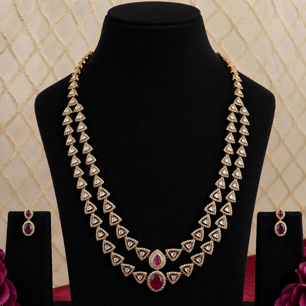 Triangle Motif CZ Long Necklace Set