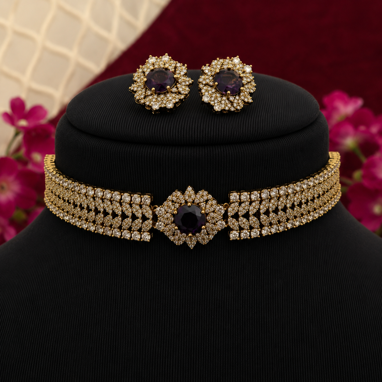 Luxury Floral Statement CZ Choker Set