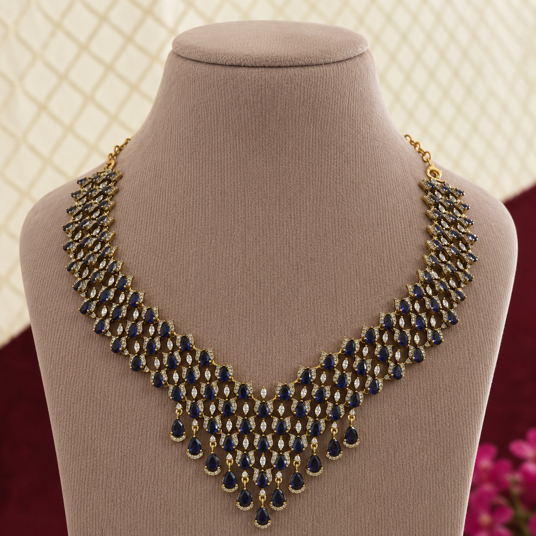 Cascade CZ Necklace Set with Sapphire Blue Stones