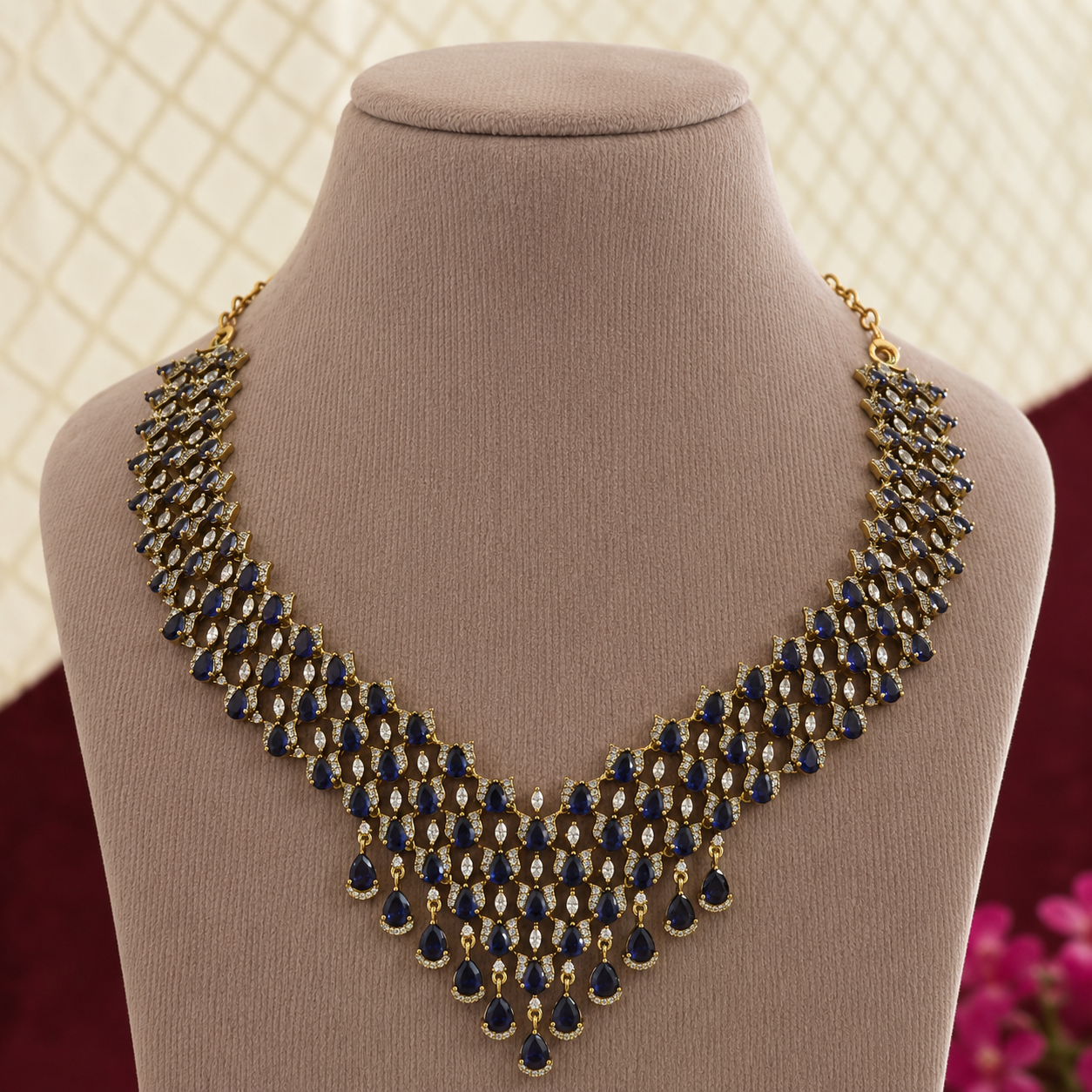 Cascade CZ Necklace Set with Sapphire Blue Stones