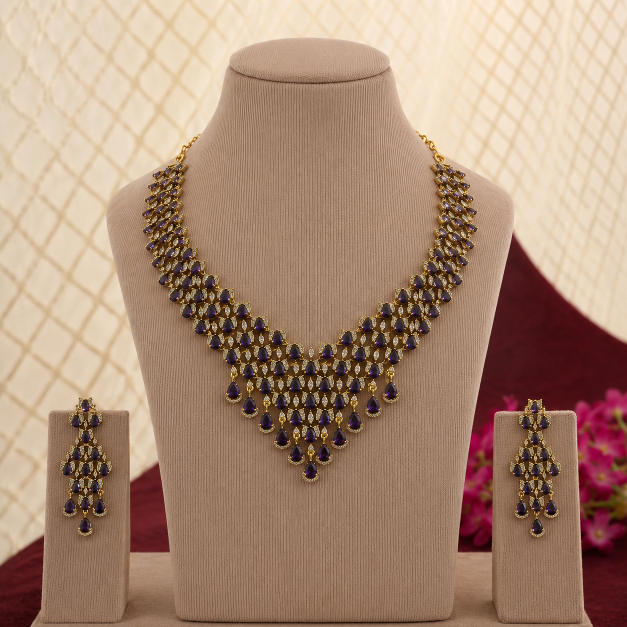 Cascade CZ Necklace Set with Sapphire Blue Stones