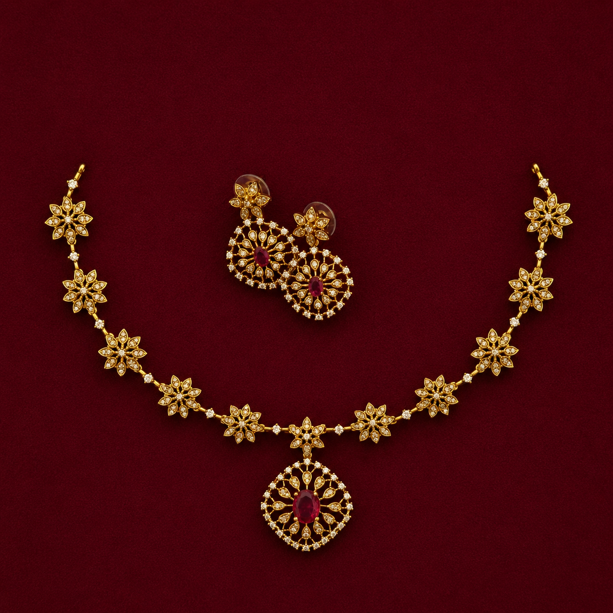 Elegant Floral CZ Ruby Necklace Set