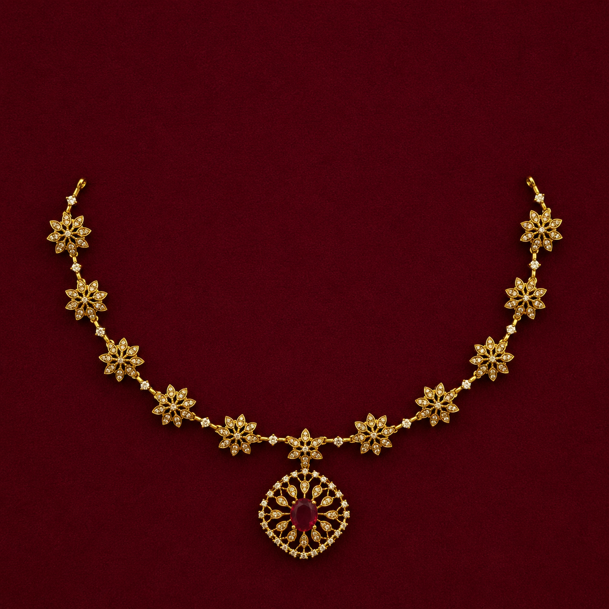Elegant Floral CZ Ruby Necklace Set