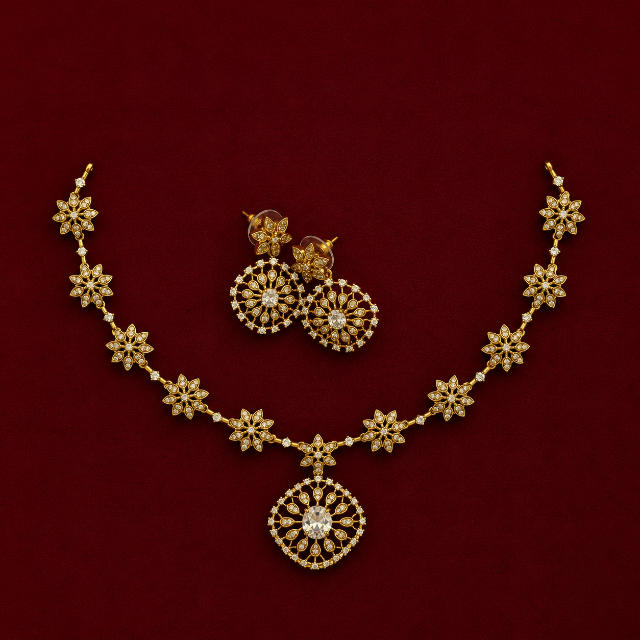 Floral CZ Crystal Pendant Necklace Set