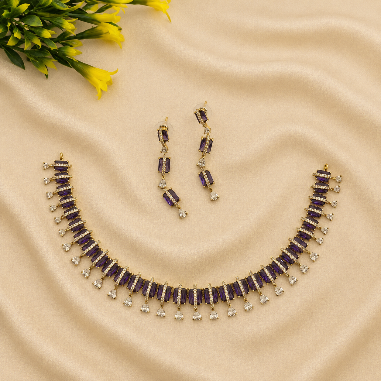Purple CZ Fringe Necklace Set
