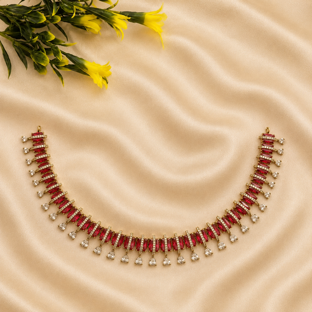 Ruby CZ Fringe Necklace Set