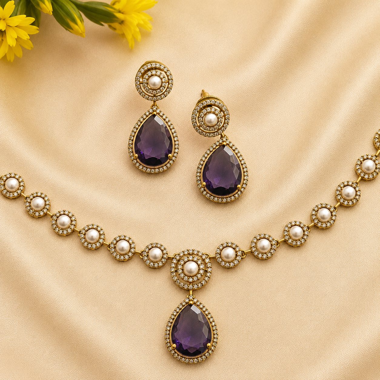 Pearl Purple CZ Necklace Set