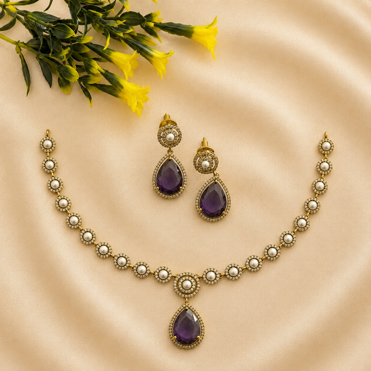 Pearl Purple CZ Necklace Set