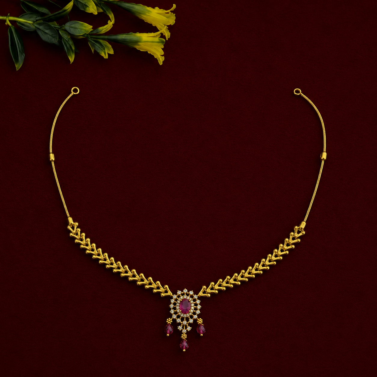 Ruby Leaf Pendant Necklace Set