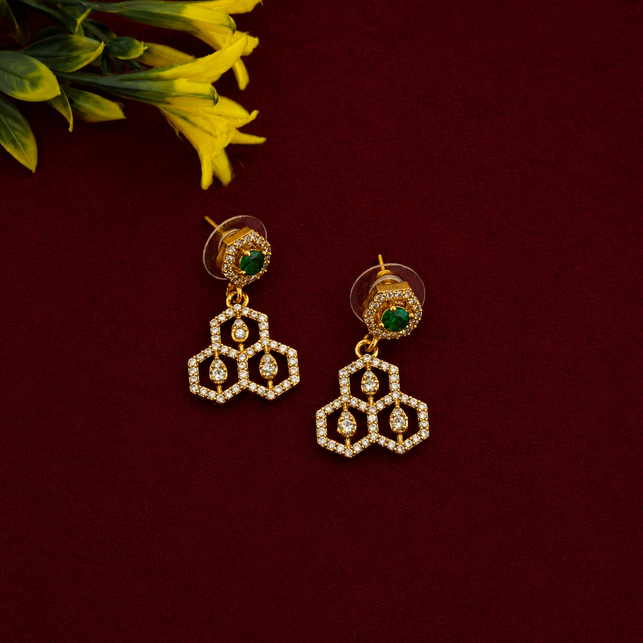 Hexagon CZ Green Stone Necklace Set